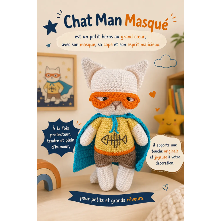 Doudou chat super-héros fait main | Cadeau enfant unique