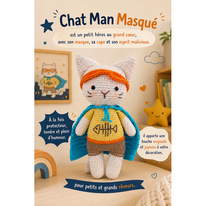 Doudou chat super-héros fait main | Cadeau enfant unique